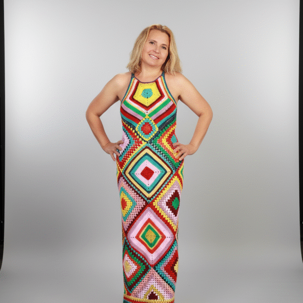 Model poseert in een kleurrijke gehaakte maxi-jurk met vrolijke tinten en bohemian uitstraling, perfect voor stranddagen of zomerse avonden.